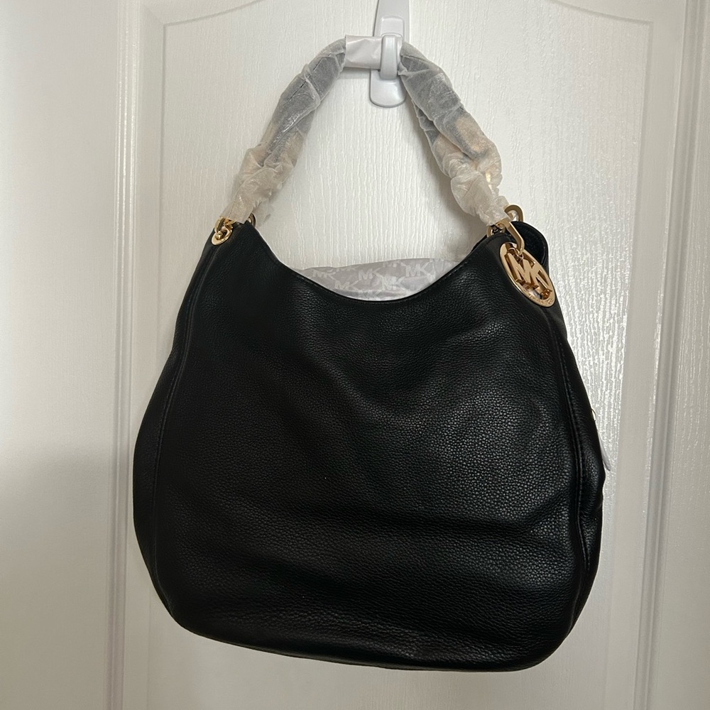 Michael Kors Fulton Large Pebbled Leather Hobo Bag Black Gold Hardware NEW